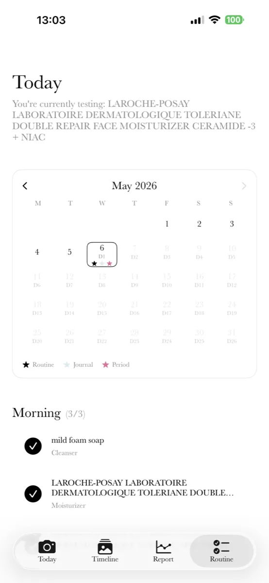 Routine calendar with current product test