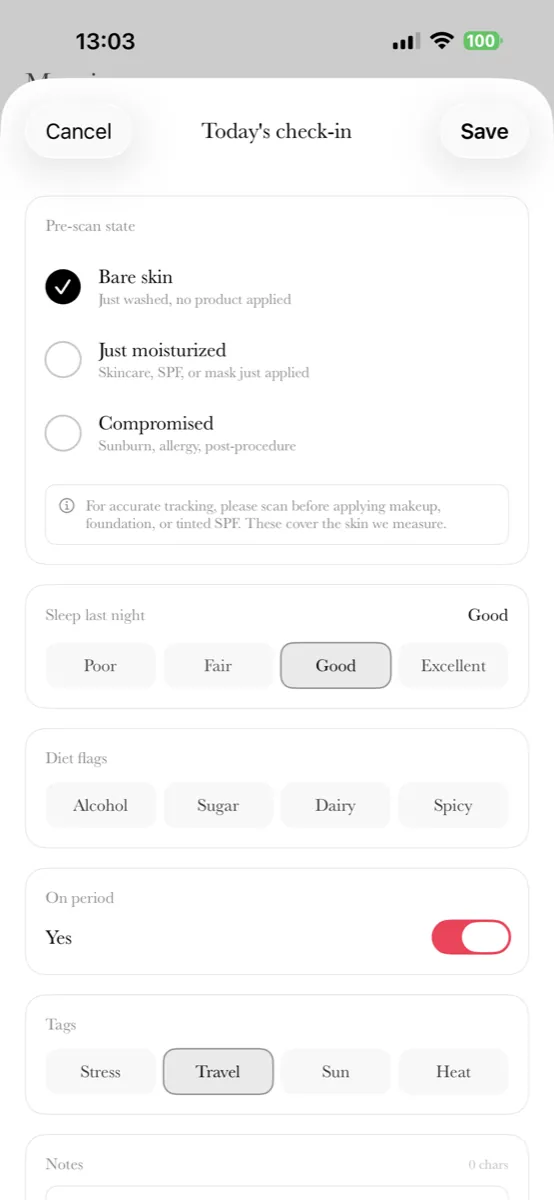 Daily check-in for sleep, diet, period, stress